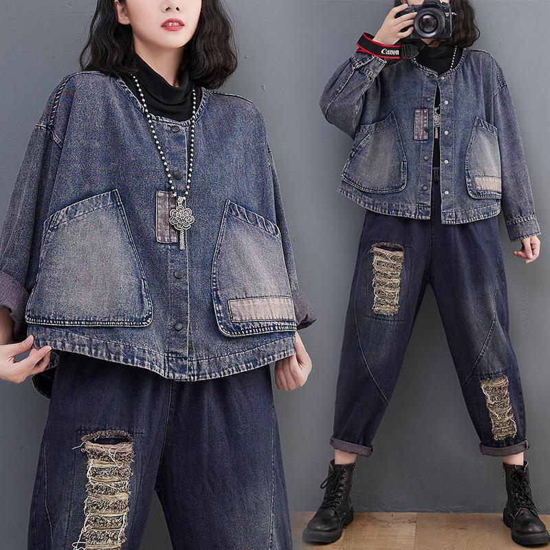 Denim Jacket for Women 2026 Autumn and Winter New Style Long-Sleeved Dark Retro Loose Short Casual Patchwork Women's Clothing
