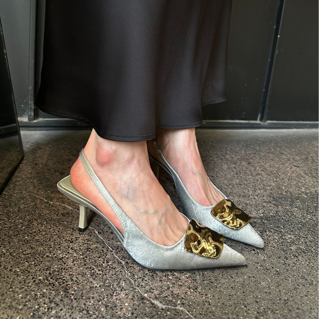 girls Design-Inspired Niche High Heels 2025 Spring/Summer New Simple Fashion Single Shoes with Metal Buckle Pointed Toe Shallow Mouth Closed-Toe Single Shoes