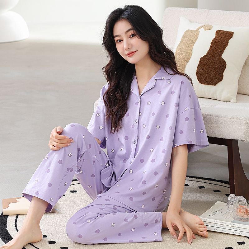 2026 New Women's Summer Pajamas, Cotton Short-Sleeve Long Pants, High-End Cardigan Loungewear Set for Women, Suitable for Wearing Outside