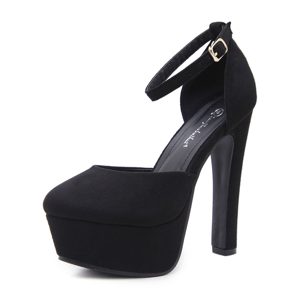 Women's shoes hollow black high heel platform 14cm factory direct supply in stock cross-border foreign trade low-cut chunky heel high heels