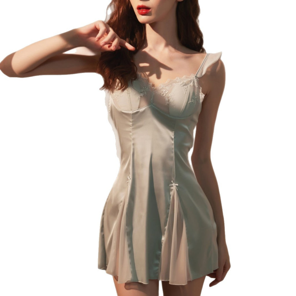 Sexy Women's Nightgown with Straps and Chest Pads, New Lace Summer Ice Silk Nightdress, Home Wear Set with a High-End Feel