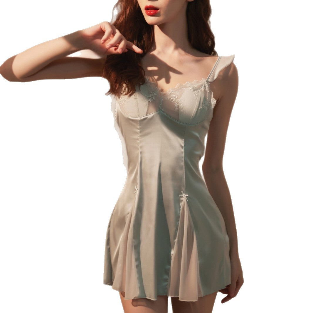 Sexy Women's Nightgown with Straps and Chest Pads, New Lace Summer Ice Silk Nightdress, Home Wear Set with a High-End Feel