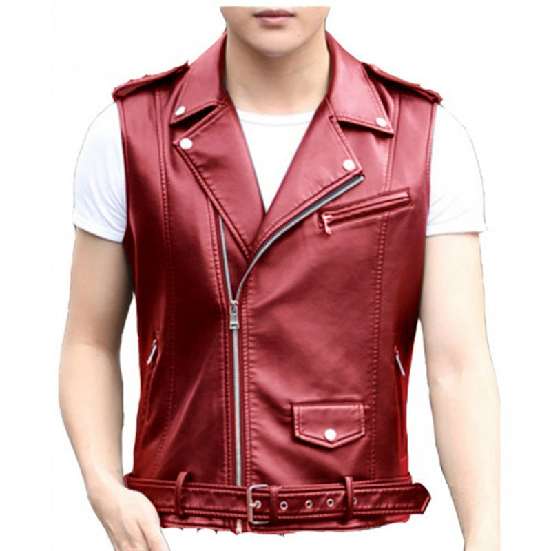 2022 European and American New Men's Slim Punk Motorcycle Sleeveless Leather Jacket Vest Diagonal Zipper Pu Leather Vest for Men