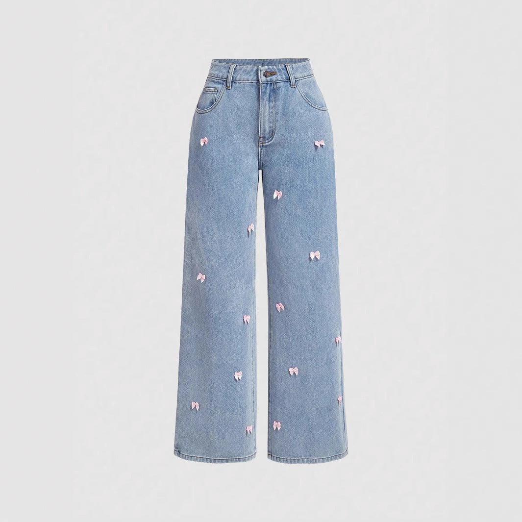 American High Street Y2K Jeans for Women 2025 New High-Waisted Washed Bow-Knot Casual Versatile Wide-Leg Pants Jeans