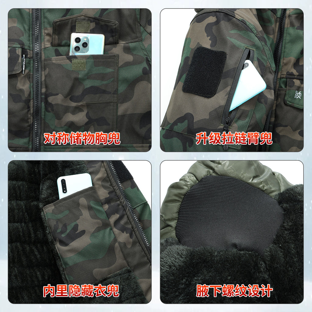 Winter Mid-Length Cotton Work Clothes for Men, Velvet Thickeneded Cotton Jackets, Cold-Proof, Windproof and Warm Camouflage Work Clothes, Military Coats
