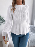Real Shot of Autumn and Winter European and American Style Solid Color Cable Knit Waist-Cinching Ruffled Long-Sleeve Pullover Sweater, Independent Cross-Border Women's Fashion