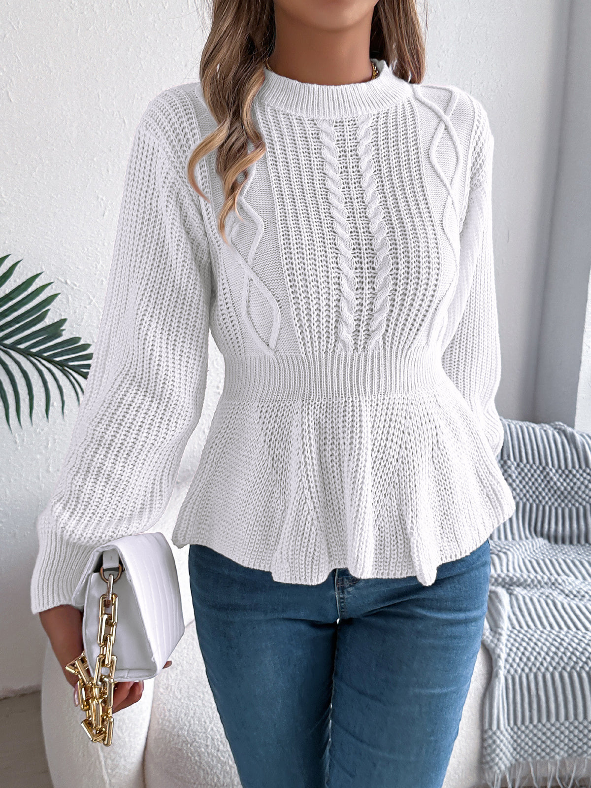 Real Shot of Autumn and Winter European and American Style Solid Color Cable Knit Waist-Cinching Ruffled Long-Sleeve Pullover Sweater, Independent Cross-Border Women's Fashion