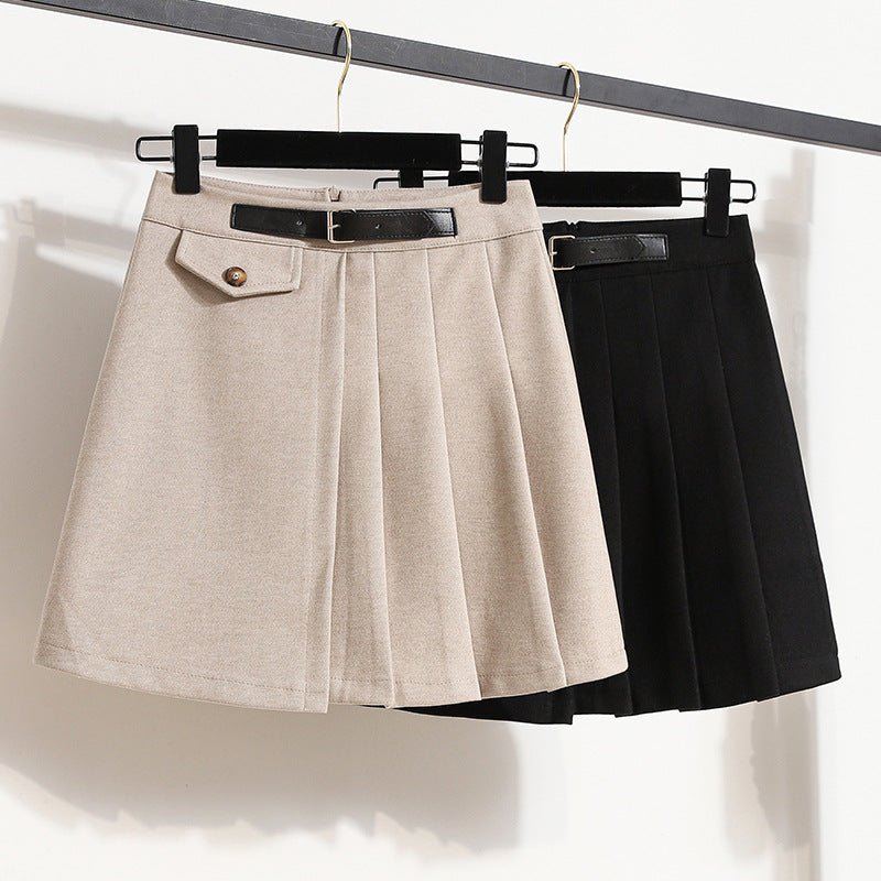 Real Shot of Autumn and Winter Skirts, Plus Size Woolen Jk High-Waisted Skirts, Petite Pleated Skirts, Black Culottes