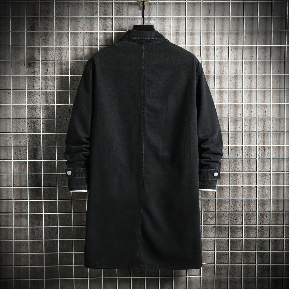 Men's Denim Trench Coat, Mid-Length, Autumn and Winter, Japanese Style, Trendy Brand, Plus Size, Vintage, Loose, Casual, Lapel Jacket