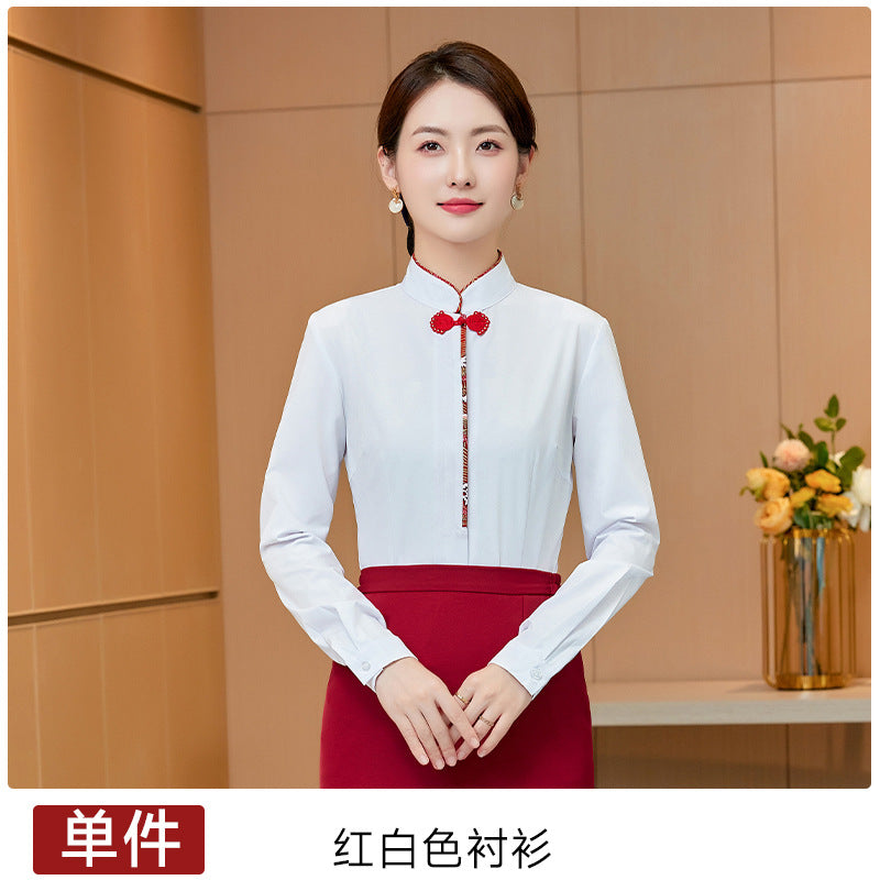 White Shirt Women's Vertical Collar Slim-fit Slimming Top with Buckle Korean Style Elegant Hotel Front Desk Attendant Professional Shirt