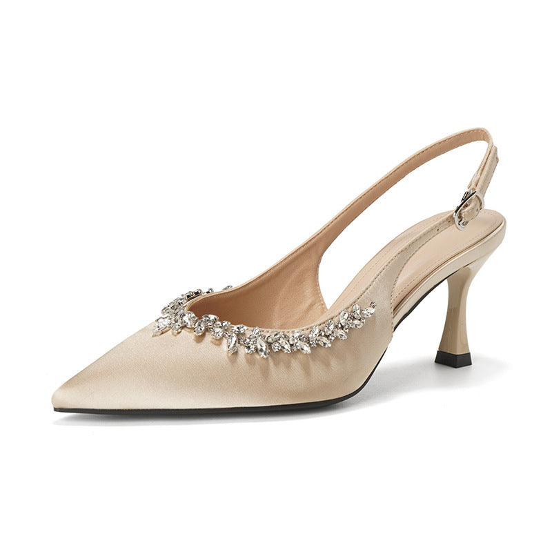 High-End Satin Pointed Toe High Heels for Women, Stiletto Heels, French Style Rhinestone Fairy Sandals, Women's Hollow Back Shoes