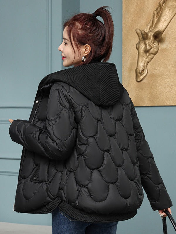Hooded fake two-piece down cotton clothes women's clothing New Year short corrugated frayed high-end off-season cotton-padded jacket coat fashion