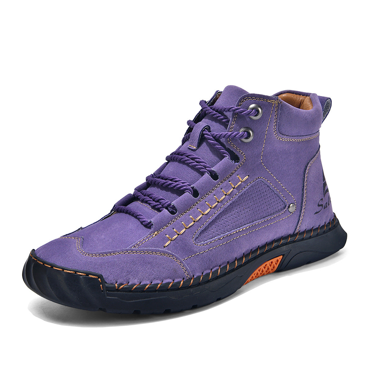 Cross-Border Plus-Size Men's Pu Leather Boots, Men's Fashion Handmade Stitched Ankle Boots, Flat Lace-Up Casual Shoes