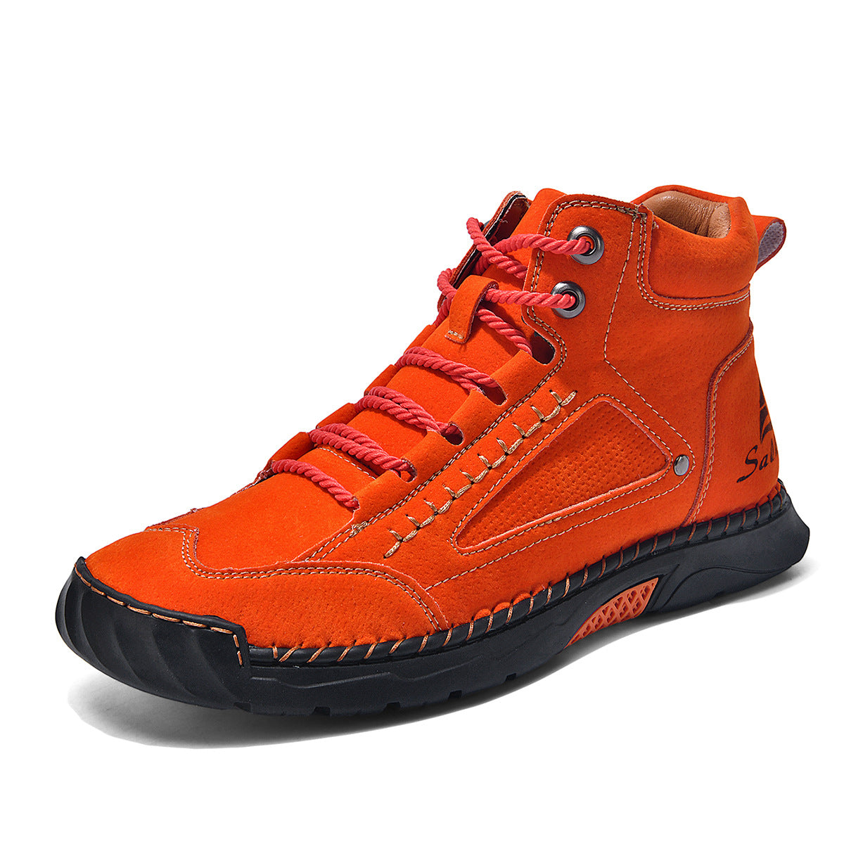 Cross-Border Plus-Size Men's Pu Leather Boots, Men's Fashion Handmade Stitched Ankle Boots, Flat Lace-Up Casual Shoes