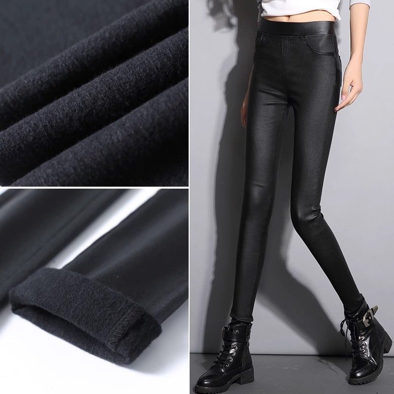 Windproof Leather Pants for Women 2025 Autumn and Winter New Style Fleece-Lined Thickeneded High-Waist Coated Leggings for Women to Wear Slimming Look Pants