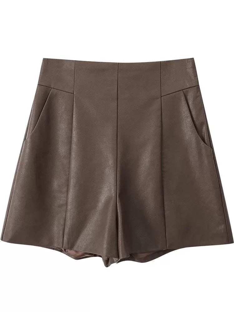 High-Waisted Leather Shorts for Women 2023 New Autumn and Winter A-Line Slimming Look Pu Leather Wide-Leg Pants Black Korean Style Outer Boot Pants