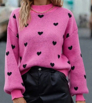 European and American Fashionable Autumn and Winter New Sweaters Long-Sleeved Round Neck Knitted Pullover Heart Loose Casual Women's Clothing