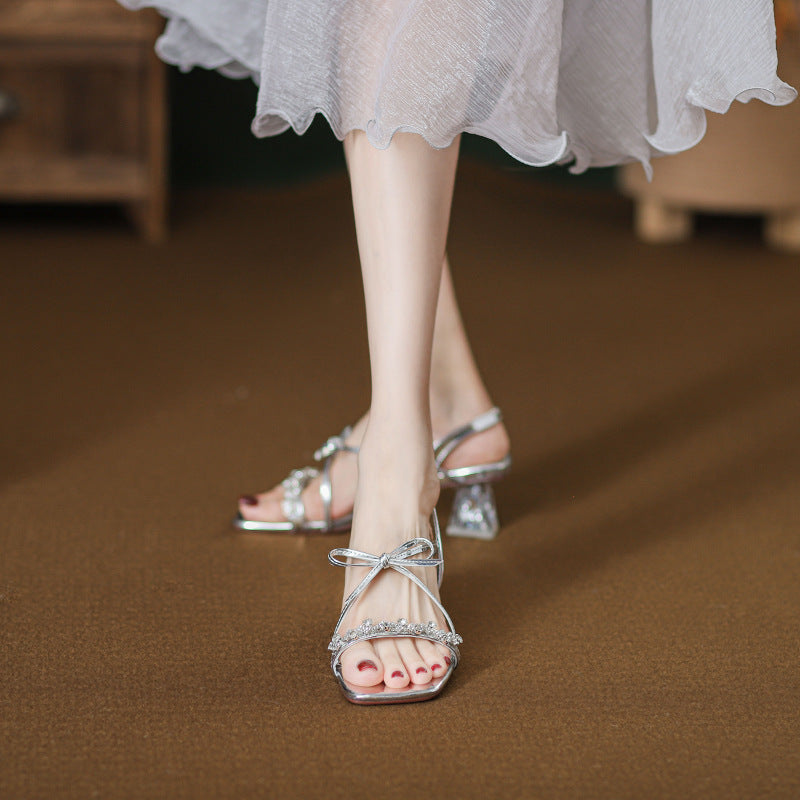 Women's 2024 New Popular Summer Sandals with Skirts and Shoes, Bow-Knot Elegant, Silver High Heels, Super High Heels