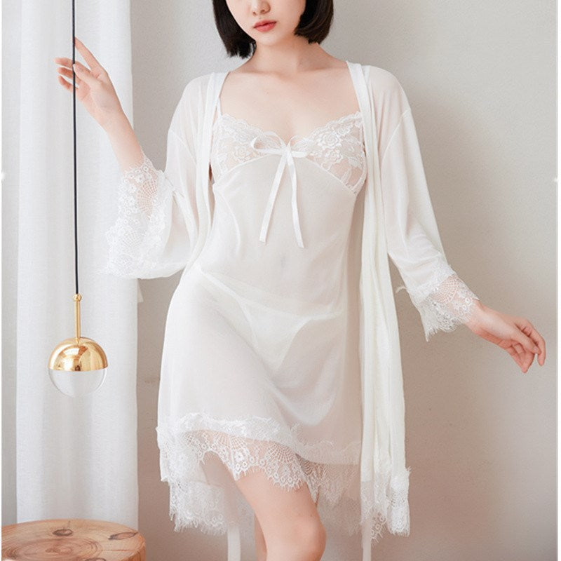 Internet Celebrity New Sexy Lace Mesh See-Through Temptation Pure Desire Pajamas Suspender Nightgown Outer Robe Home Wear Set