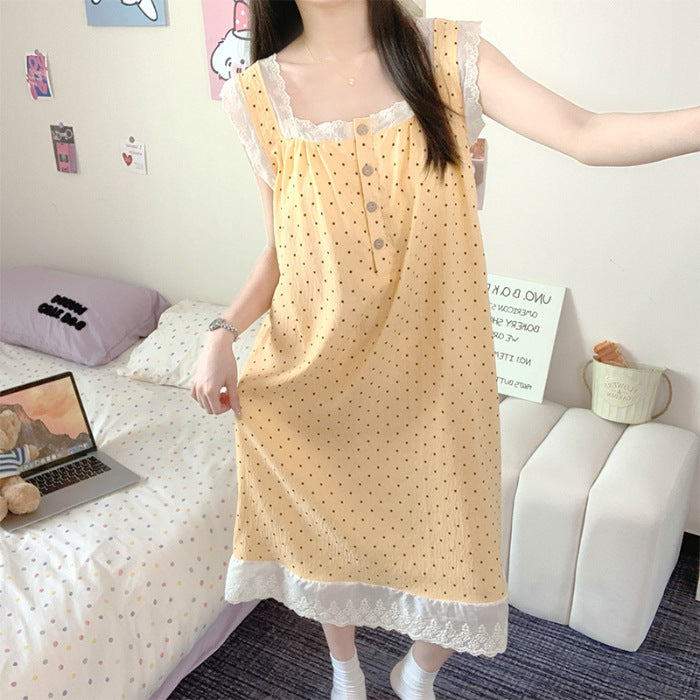 Nightgown Women's Summer Polka Dot 2025 New Style with Breast Pad Cloud Cotton Vest Lace Sweet Pajamas Summer Home Wear