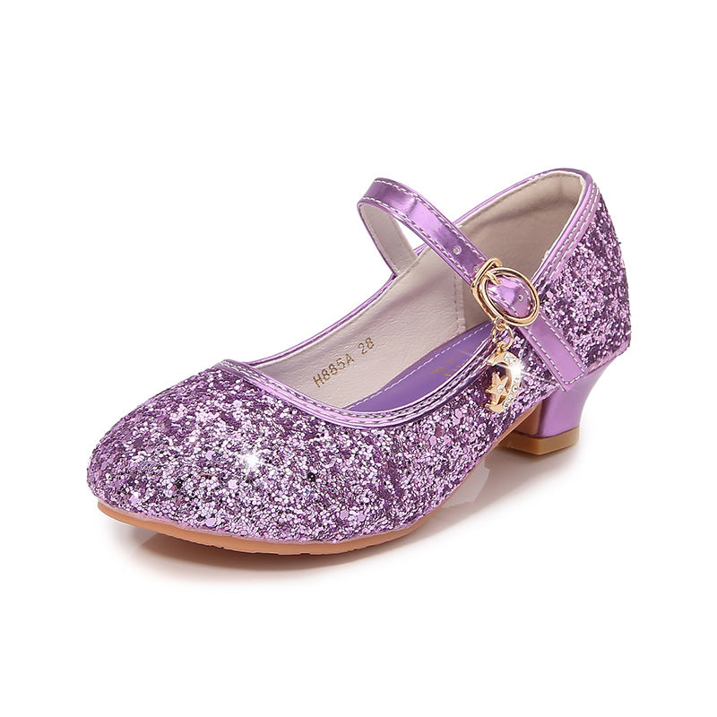 Children's High Heels Women's Shoes New Fashion Students Silver Sequins Performance Shoes Women's Etiquette Flower Children's Shoes