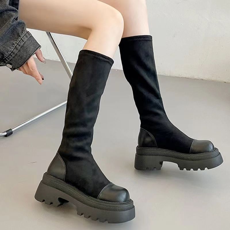 Long Boots for Women 2025 New Thick-Soled High Elastic Boots Retro Boots for Women Autumn and Winter Fleece-Lined High-Heeled Slim Boots