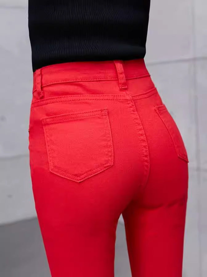 Red Jeans Women's 2024 Autumn and Winter Plus Velvet High Waist Slim Fit Small Foot Casual Pants Straight-Leg Pencil Pants
