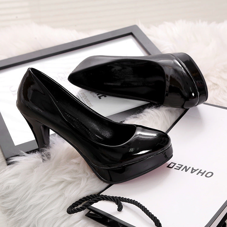 White High Heels, Feminine French Stiletto Heels, Shallow Mouth Waterproof Platform Round Toe Shoes, Red Patent Leather Professional Shoes for Women