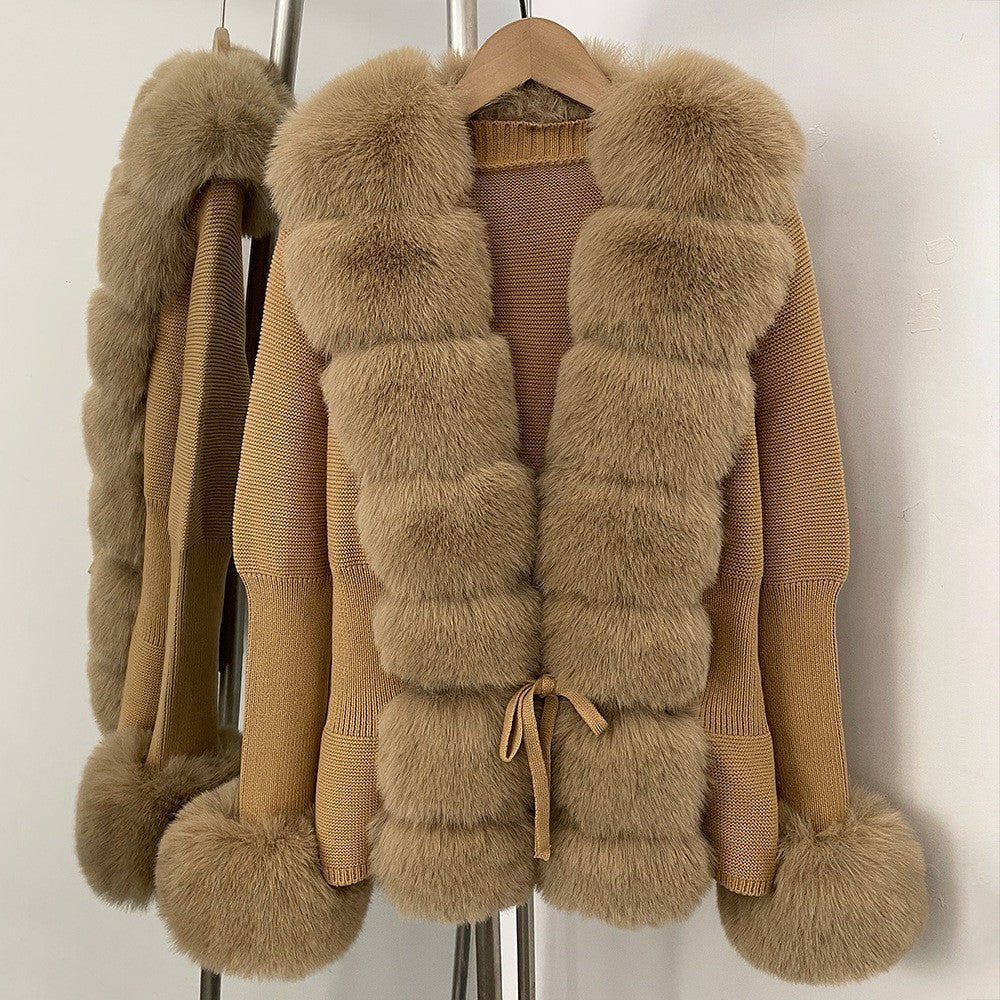 Women's Knitted Sweater 25 Spring Knitted Cardigan Imitation Fox Fur Coat Women's New Style Short Sweater Women