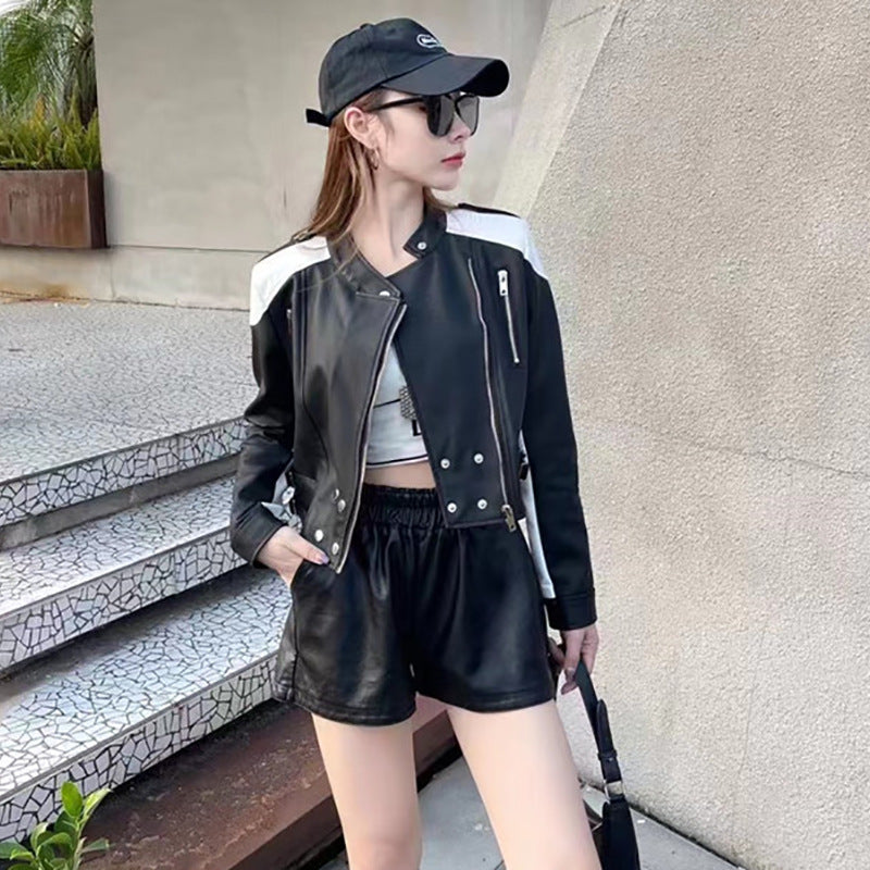 Short Leather Women's Coat 2023 Spring and Autumn New Fashion Design Sense Personalized Contrast Biker Short Jacket