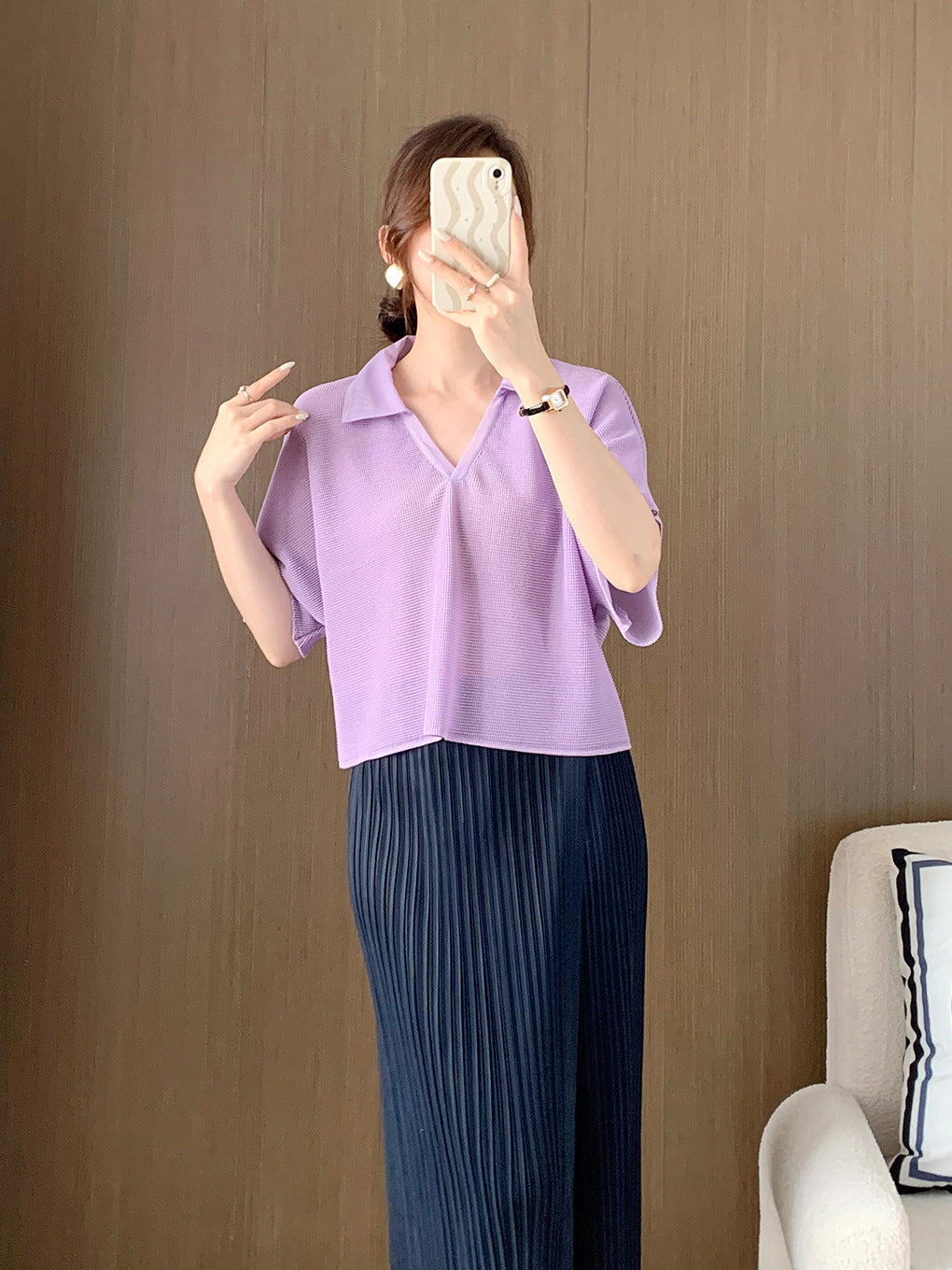 Short-Sleeved T-Shirt for Women Summer New Loose Slimming Look High-Waisted Versatile Polo Shirt T-Shirt Pleated Top Women's Large Size