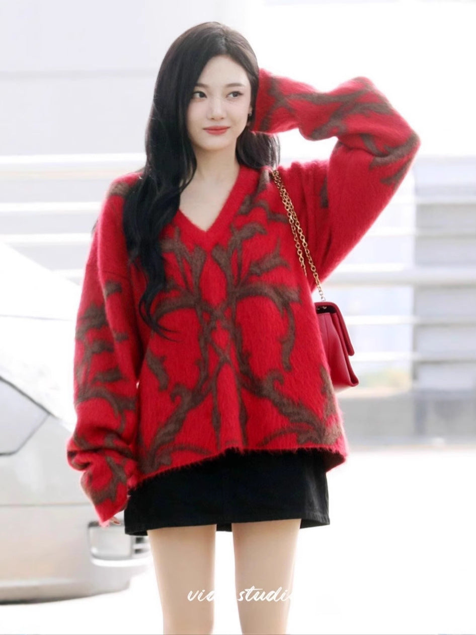 Chen Du Ling Ning Yizhuo's Red V-neck Sweater Women's Autumn and Winter Lazy Soft Waxy Mahair Knitted Upper