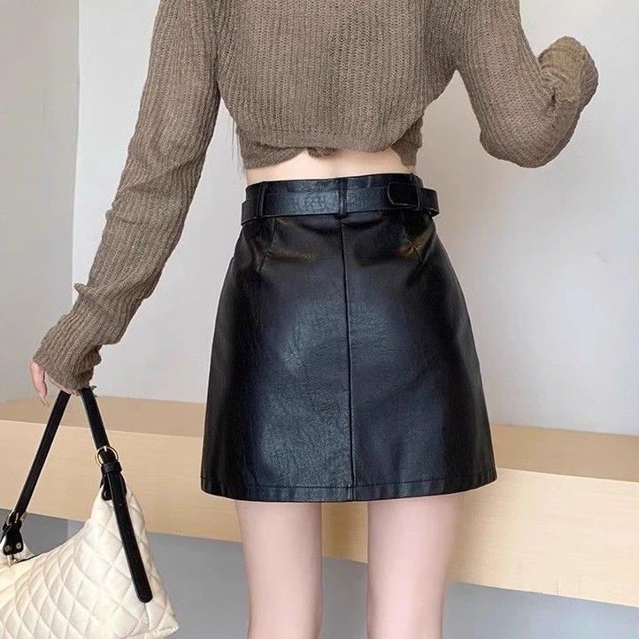 Black Leather Skirt for Women 2024 Autumn and Winter New High-waisted Slim A-line Skirt Hip-covering pu Small Leather Skirt Skirt