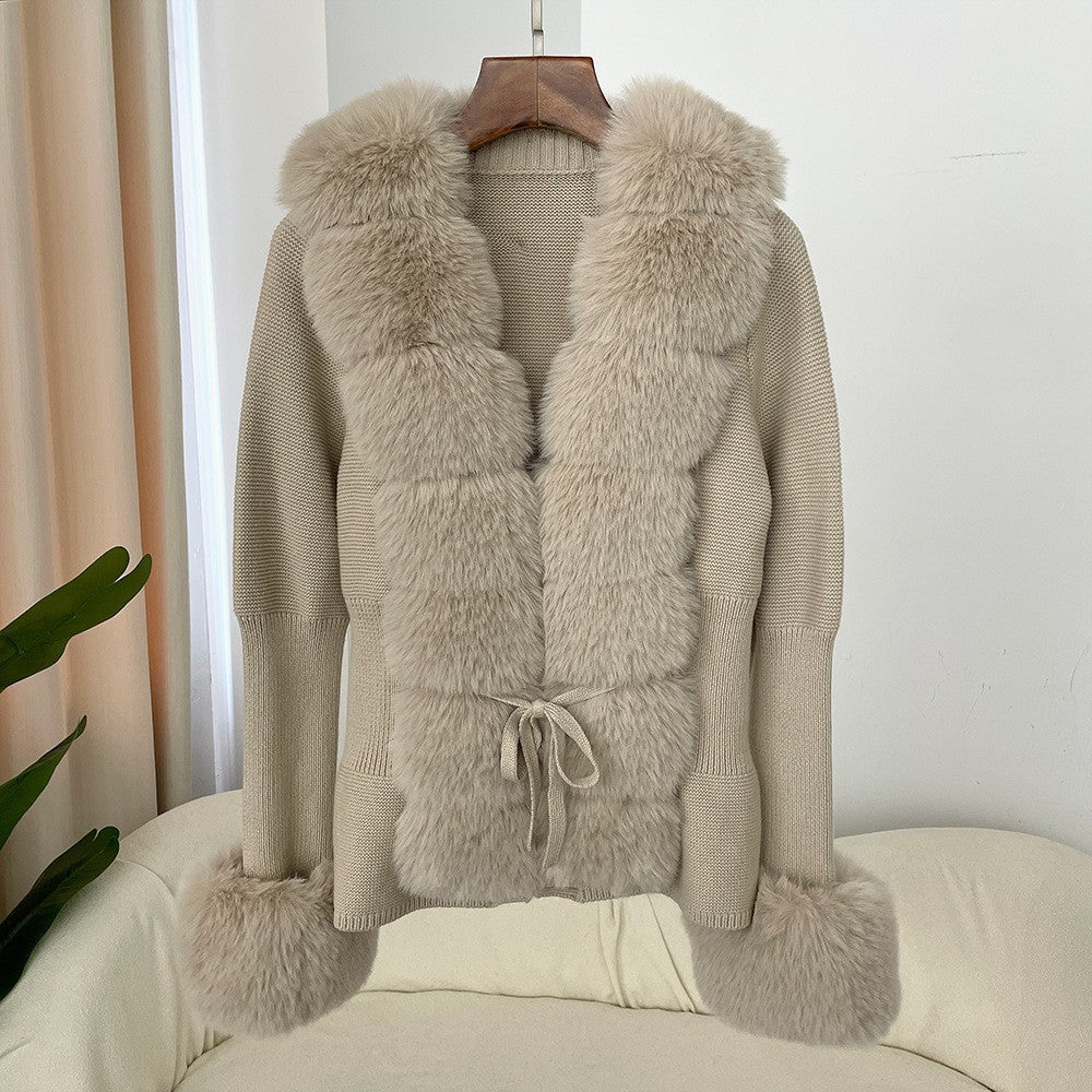 Women's Knitted Sweater 25 Spring Knitted Cardigan Imitation Fox Fur Coat Women's New Style Short Sweater Women