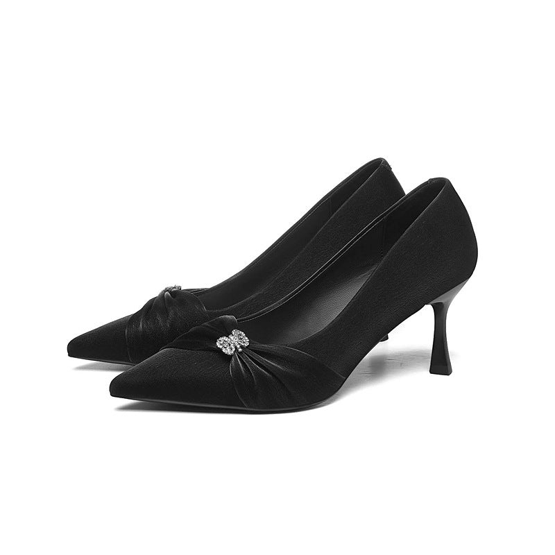 Women's High Heels 2026 New Style Shallow Pointed Toe Professional Shoes Soft Leather Thin Heel Color-Blocking Fashion High Heels
