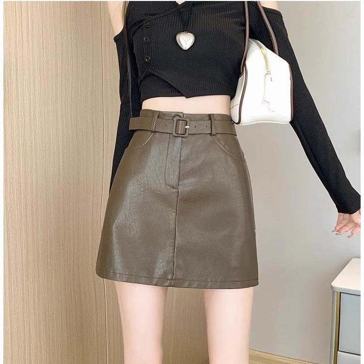 Black Leather Skirt for Women 2024 Autumn and Winter New High-waisted Slim A-line Skirt Hip-covering pu Small Leather Skirt Skirt