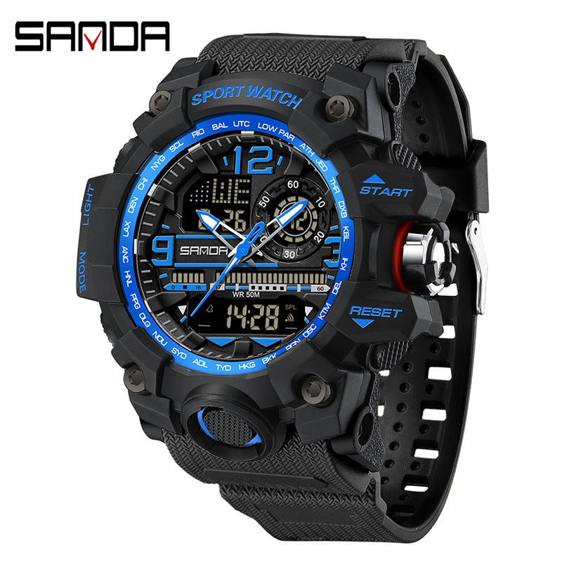 Sanda Hot-Selling Watch Korean Version Student Party Multi-Functional Waterproof Alarm Clock Electronic Watch Cool Dual Display Luminous Sports Watch