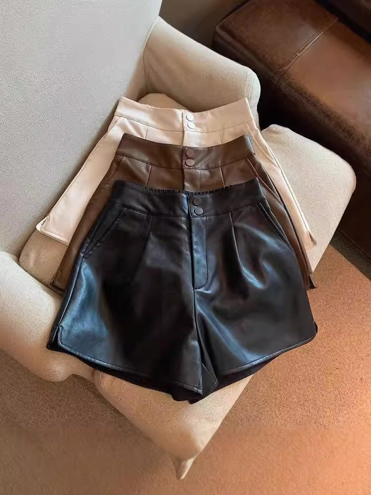 Leather Shorts Women's Autumn and Winter Outer Wear 2024 New High Waist Leather Pants plus size Wide Leg Slim Loose Base Boots Pants