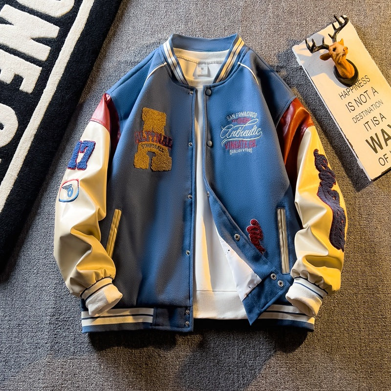 Spring and Autum Contrasting Color American Embroidered Leather Sleeve Jacket Men's/ women's  Korean Style Trendyy Baseball Uniform Autum Casual Student Jacket