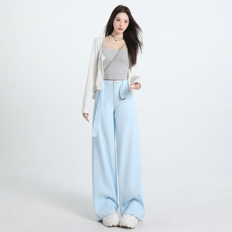 Belt Design Fashionable Wide-Leg Jeans for Women 2025 Summer and Autumn New High-Waist Slim Straight Casual Pants for Women