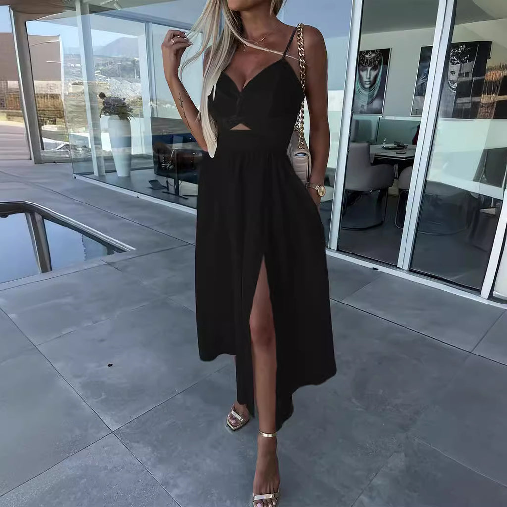 suspenders V-neck large pendulum dress slim-fit backless mid-length dress