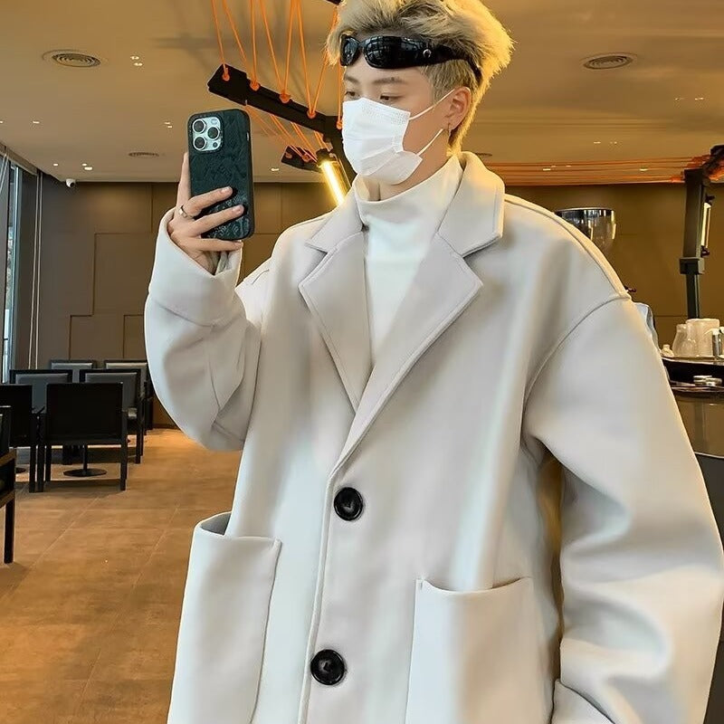 Japanese Solid Color Mid-length Woolen Coat Men's All-match High-end Casual Black Woolen Suit British Jacket