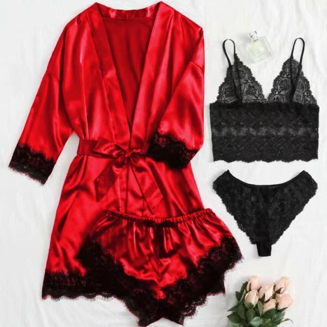 New cross-border European and American women's fun pajamas multi-piece suit lace satin suspenders robe foreign trade factory direct sales