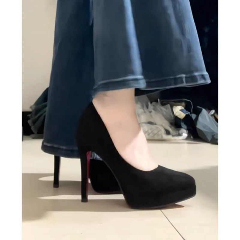 Formal Versatile Girl Suede Black Waterproof Platform Professional High Heels European and American Sexy Red Bottom Shallow High Heels for Women