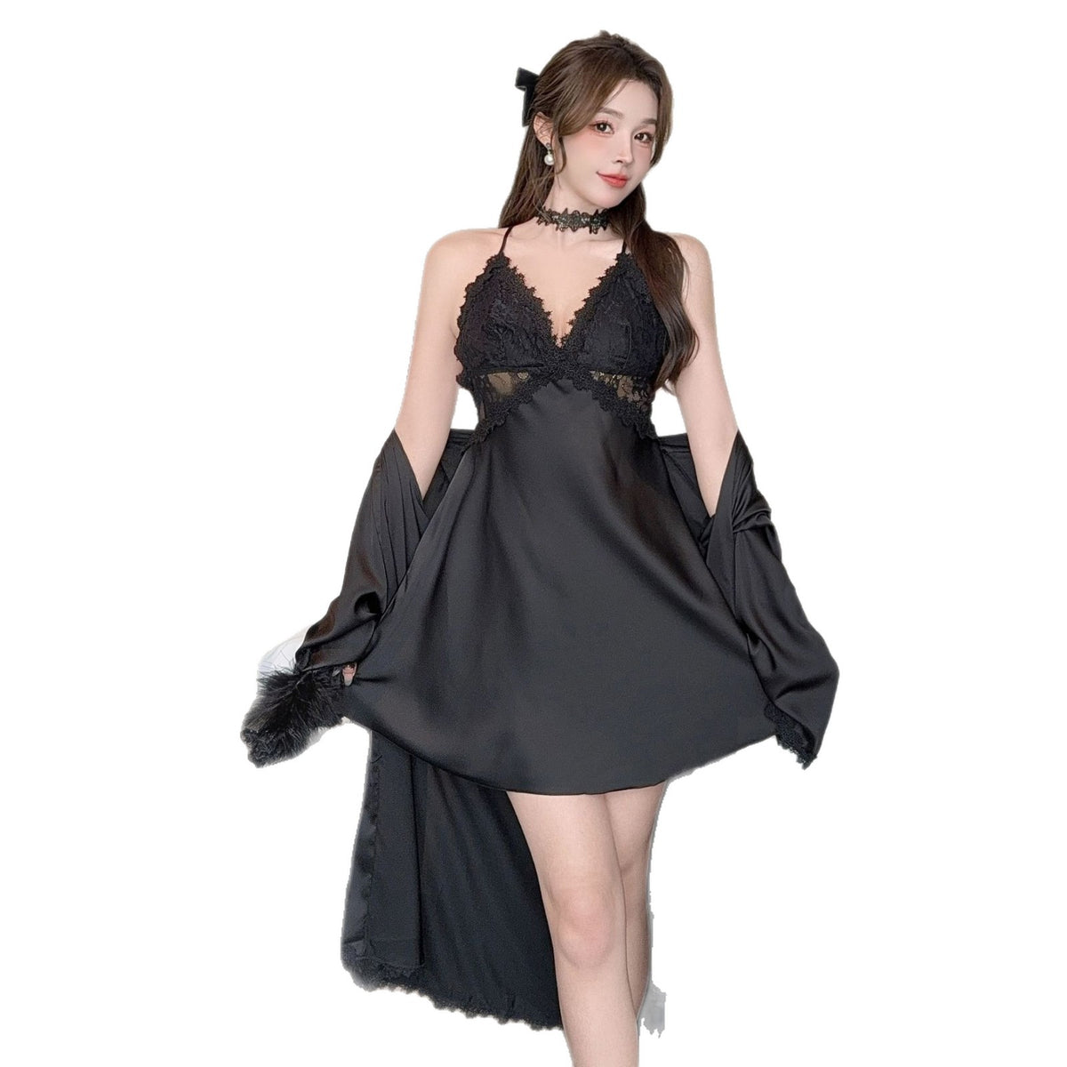 Pajamas for Women Spring and Autum Sexy Pure Lust Lace Cut Out Suspender Nightgown Ice Silk Nightgown Two-Piece Suit with Breast Pads