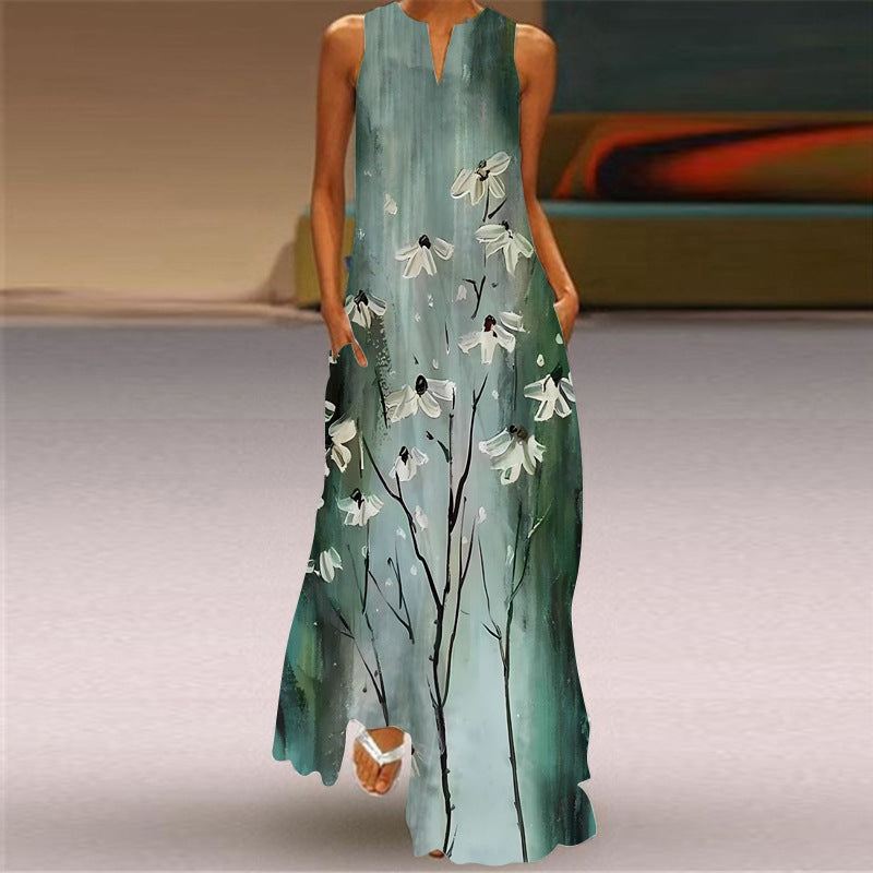 Summer Independent Brand New European and American Retro Print Long Dress V-Neck Multi-Color Long Sexy Sleeveless Dress