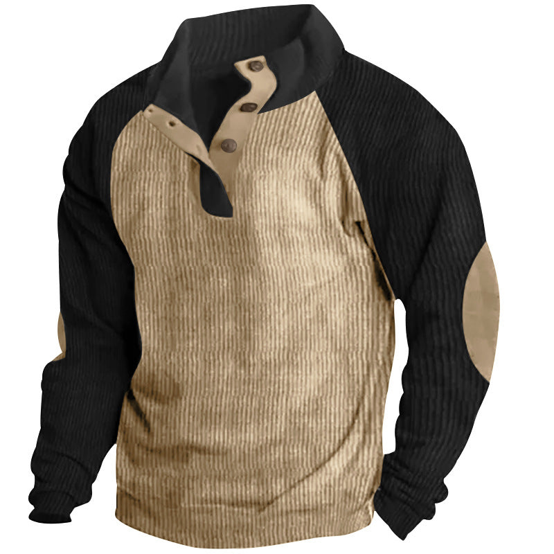 2025 Cross-Border Men's Casual Stand Collar Sports Sweatshirt Amazon Autumn and Winter Contrast Color Corduroy Slim Raglan Sweatshirt