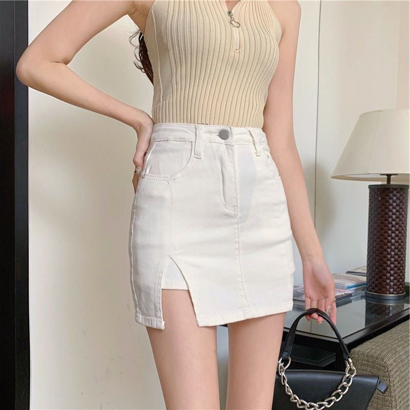 American Hot Girl Summer New Korean Style Slimming Look A-Line Skirt Trendy Anti-Exposure Slit Black Denim Skirt for Women