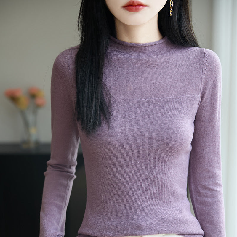 Sweater Women's Autumn and Winter Rolled Edge Half Turtleneck Knitted Sweater Thin Long-Sleeved Knitted Bottoming Shirt Women's Top Cross-Border Sweater