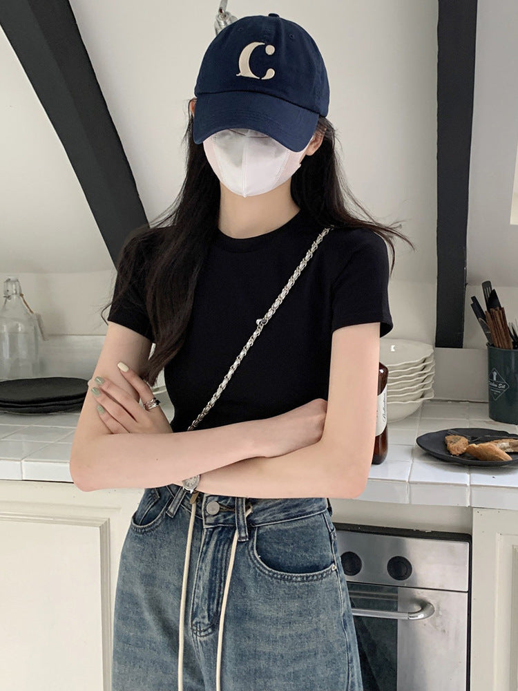 Black Straight-Shoulder Round-Neck T-Shirt for Women, Simple Basic Top, Summer Slim-Fit American Style Short-Sleeve Tee